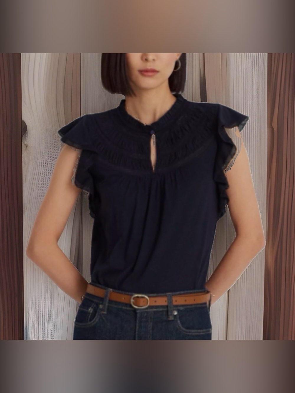 NWOT LAUREN Ralph Lauren Navy Lace Trim Jersey Flutter Sleeve Blouse-XS-EC